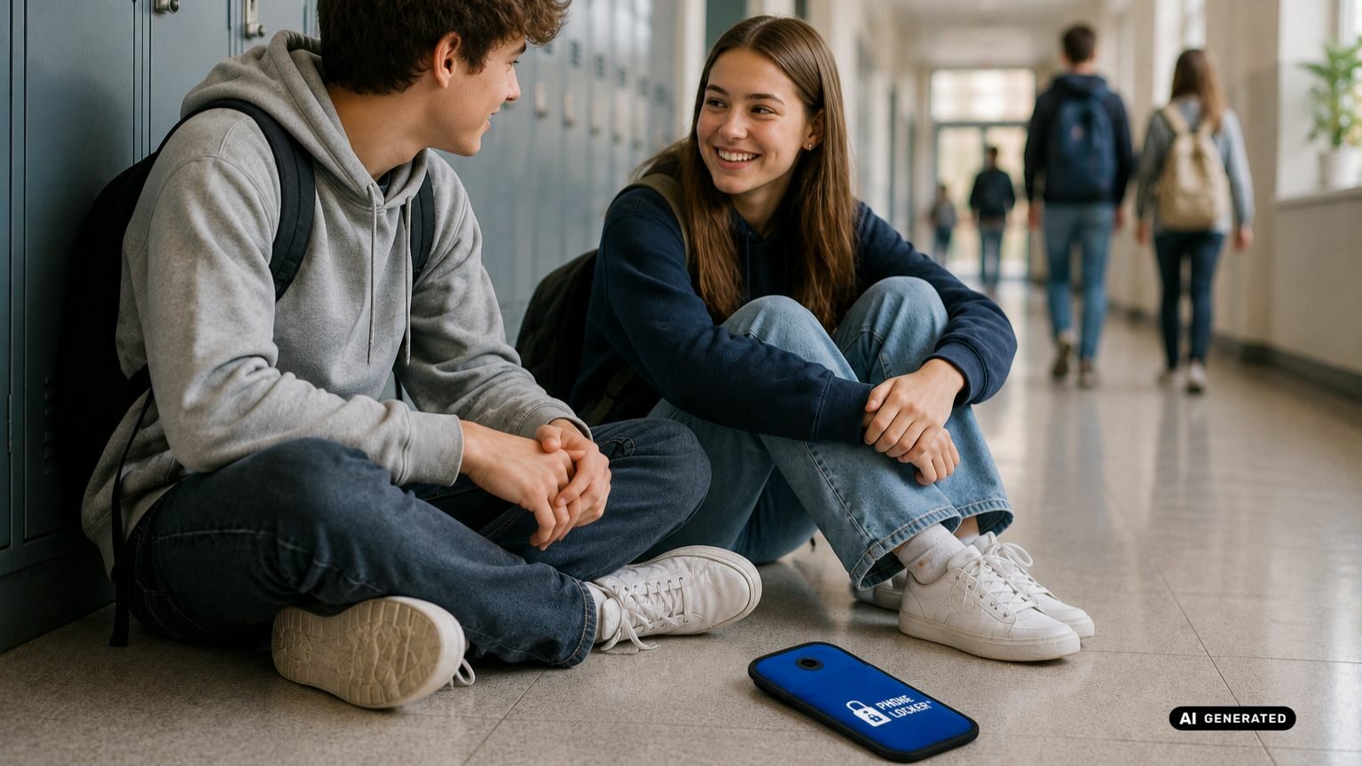 dwójka uczniów rozmawiająca na korytarzu szkolnym z lężącym etui na telefon phone locker na podłodze