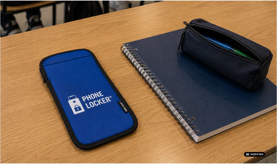 Jak ograniczyć możliwość używania telefonów w szkole bez odbierania ich uczniom? etui medyczne phone locker lezace na lawce szkolnej