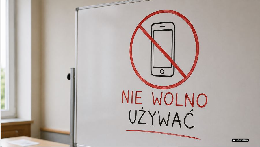 tablica szkolna z rysunkiem przekreslonego telefonu i napisem nie wolno używać