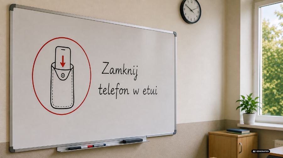 tablica szkolna z rysunkiem telefonu i napisem zamknij telefon w etui
