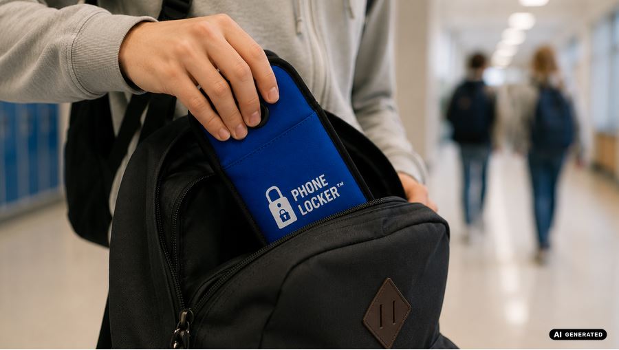uczeń wkładający etui na telefon phone locker do plecaka