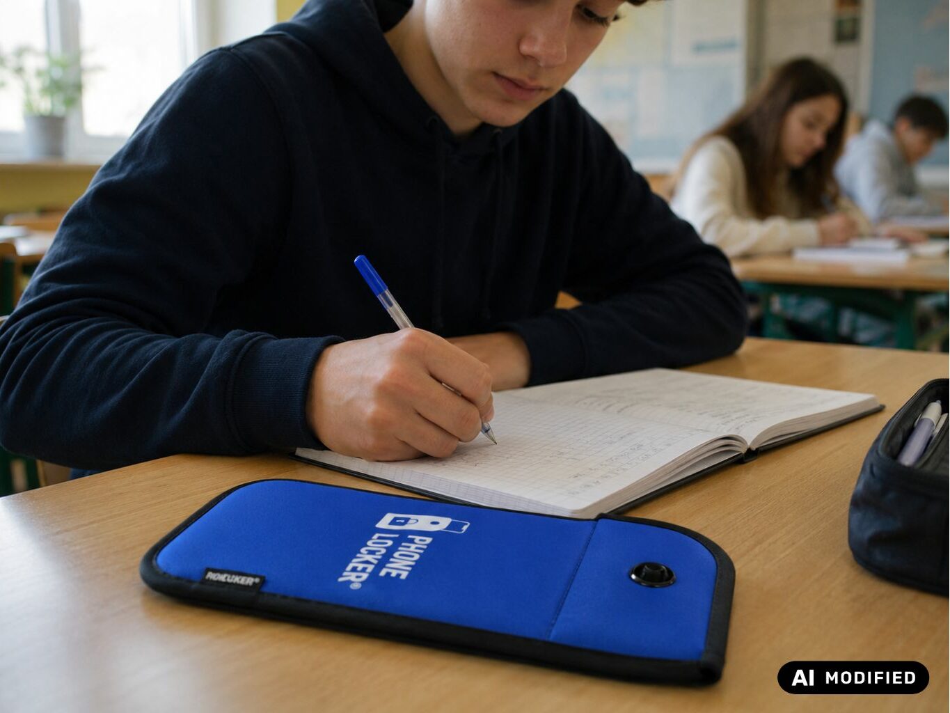 zamykane etui dla szkół phone locker leżące na ławce szkolnej