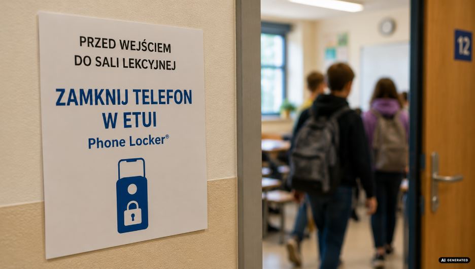 Zero telefonów na lekcji. Jak nowe przepisy ułatwiają pracę nauczycielom? kartka z informacja zeby zamknac telefon w etui phone locker przed wejsciem do sali lekcyjnej