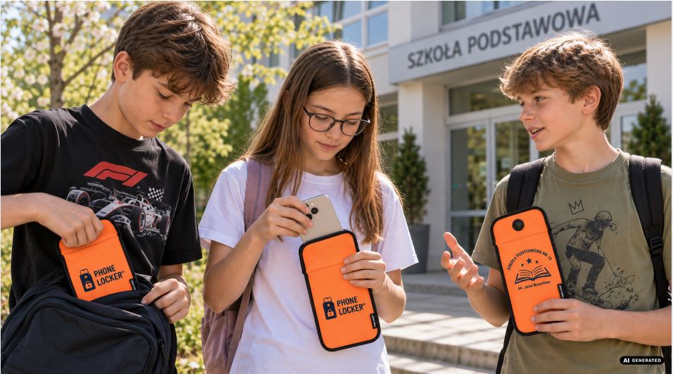 Nowe przepisy o telefonach a statut szkoły. Co trzeba zmienić do końca 2026 roku? uczniowie wkladajacy telefony do etui phone locker przed wejsciem do szkoly podstawowej